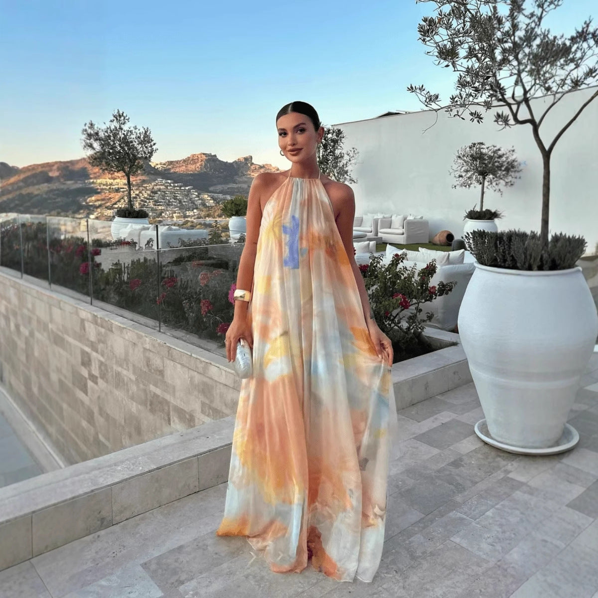 Women's Halter Backless Printed Maxi Dress – Flowy Summer Statement Dr – Soft&Sleepy