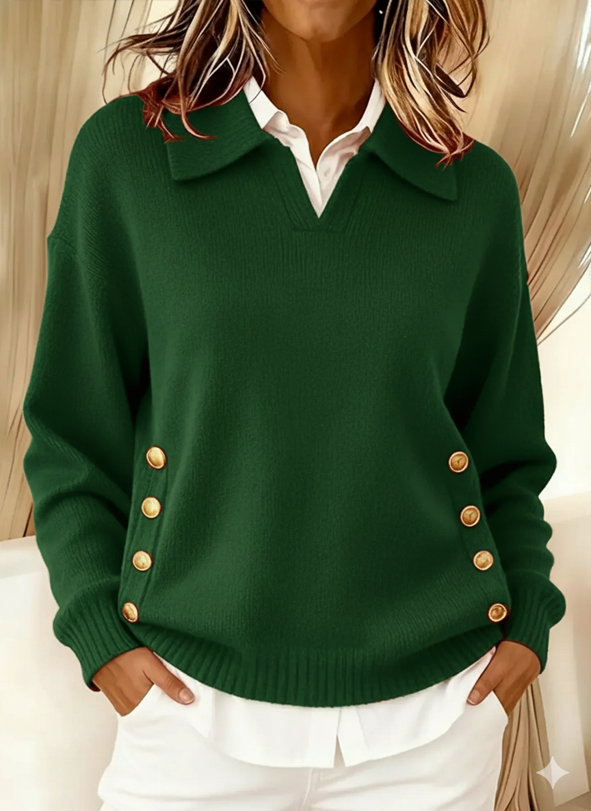Women's Polo Collar Button Sweater - Simple Soft Everyday Knit