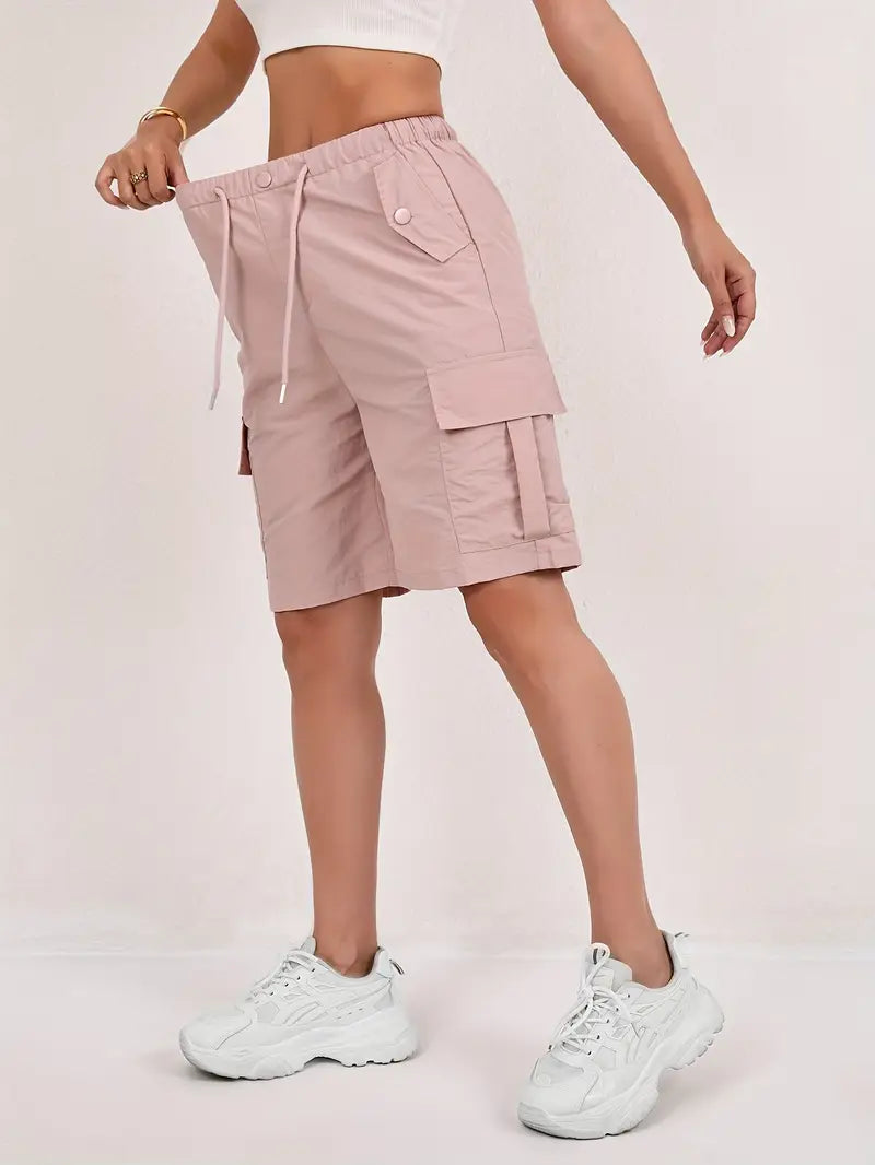 Women's Pink High-Waisted Drawstring Cargo Bermuda Shorts