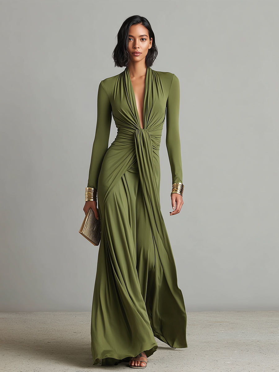 Women's Olive Silk Maxi Dress – Deep V-Neck Elegant Occasion Style