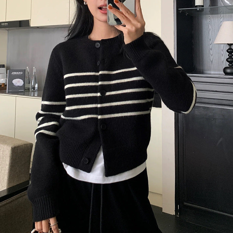 Women's Striped Crewneck Cardigan Sweater - Easy Casual Knit