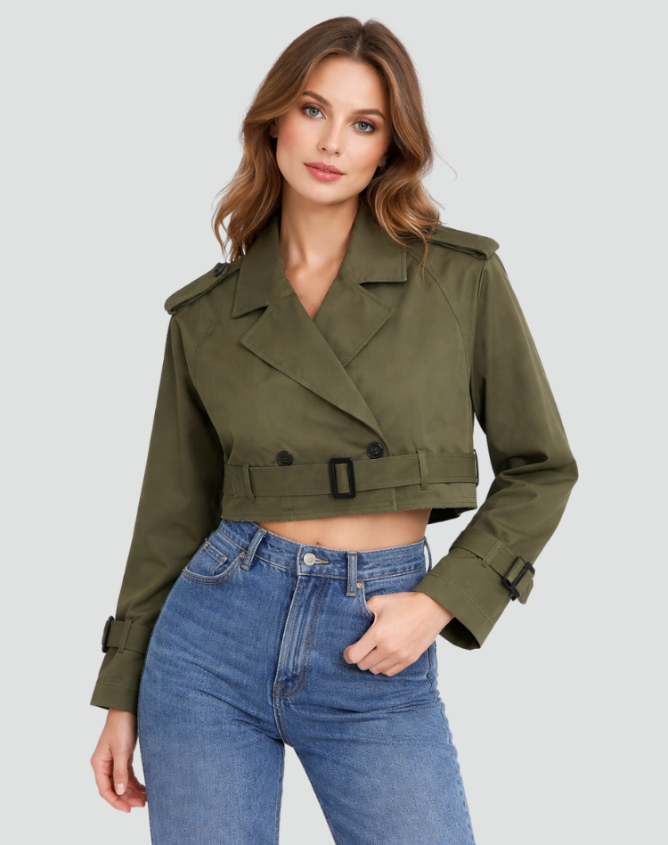 Women's Short Cotton Trench Coat - Classic Regular Fit Everyday Outerwear