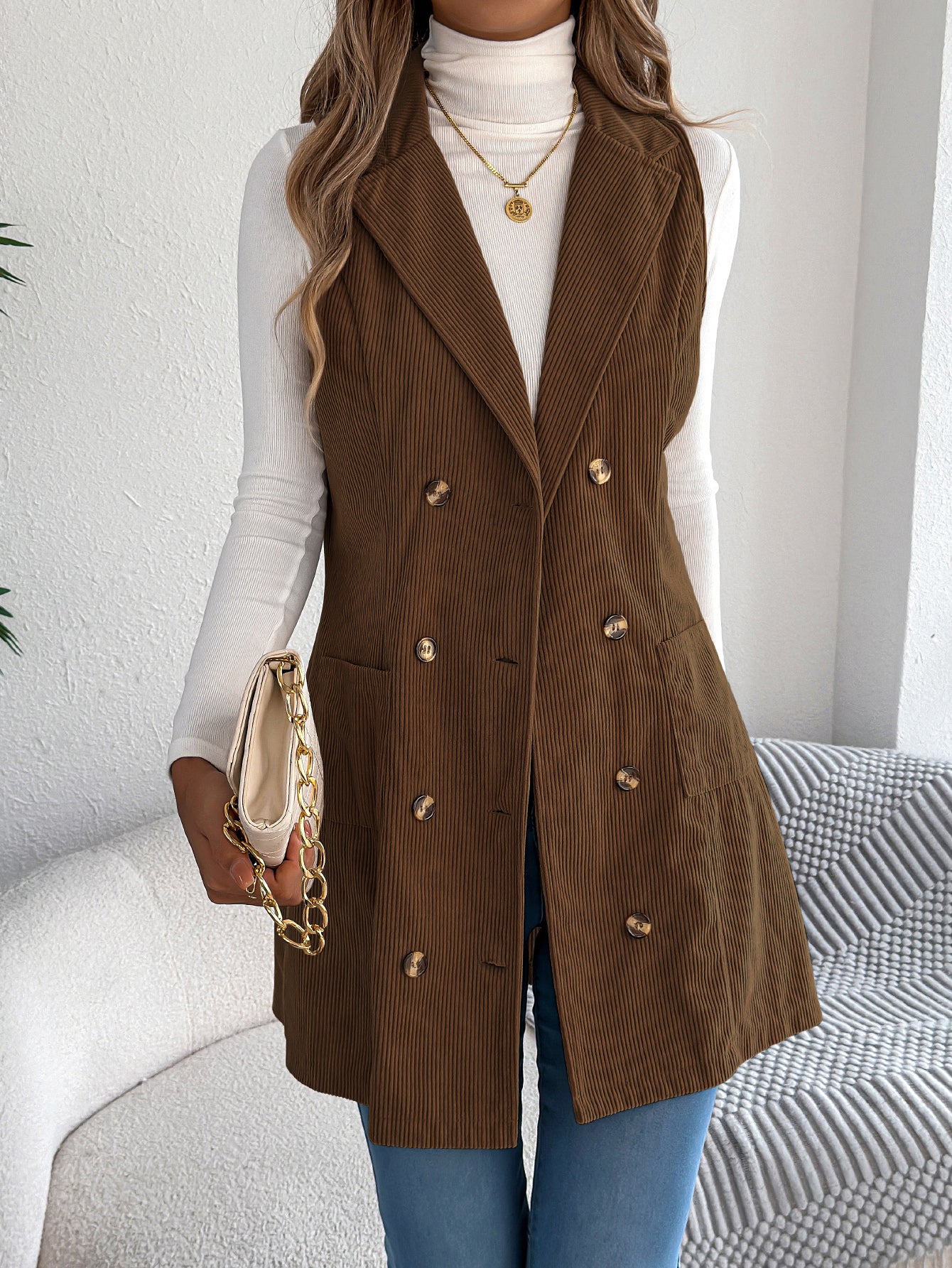 Women’s Solid Color Corduroy Long Vest Jacket – Double-Breasted Pocket Casual Layering Style