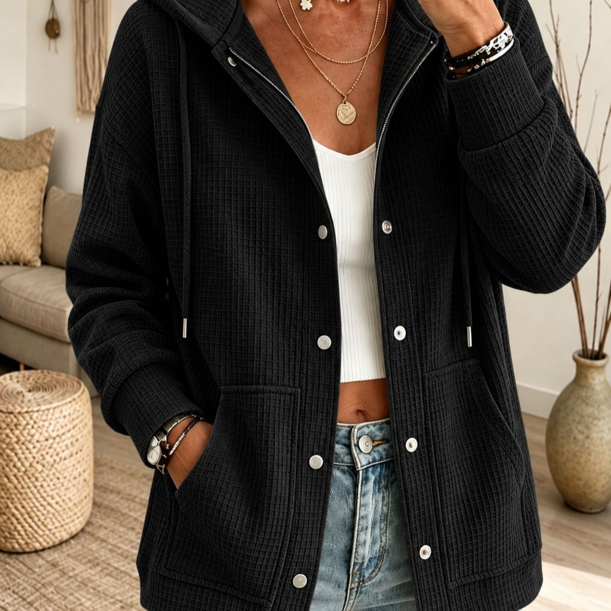Hooded Drawstring Cardigan Top - Casual and Cozy