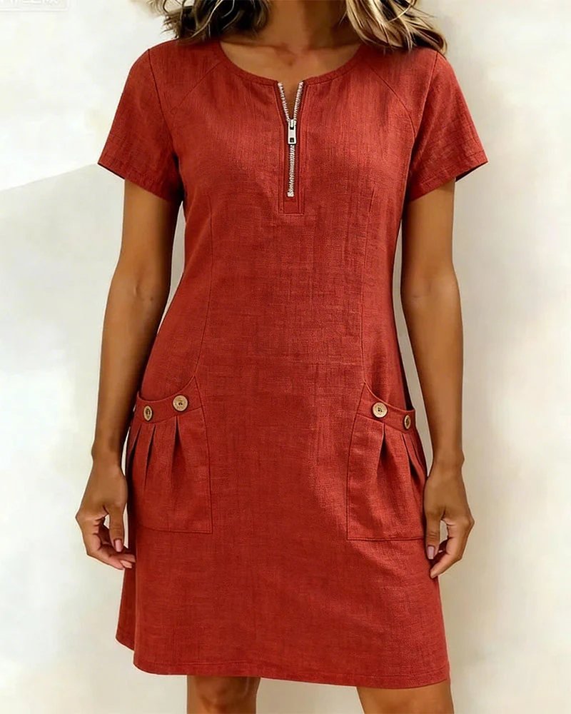Women's Zip Pocket Mini Dress - Casual A-Line Daywear Style