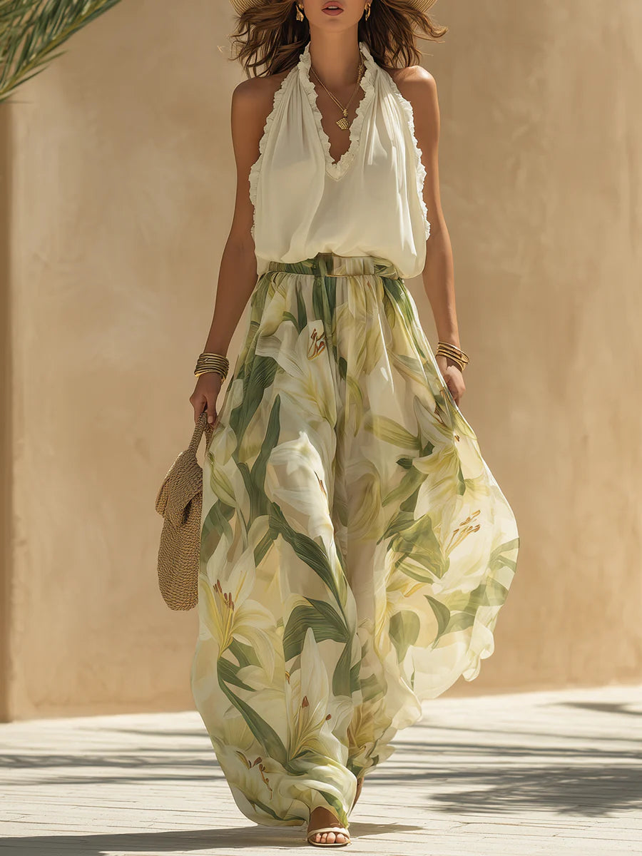 Women's Floral Wide Leg Two Piece Set – Elegant Matching Outfit