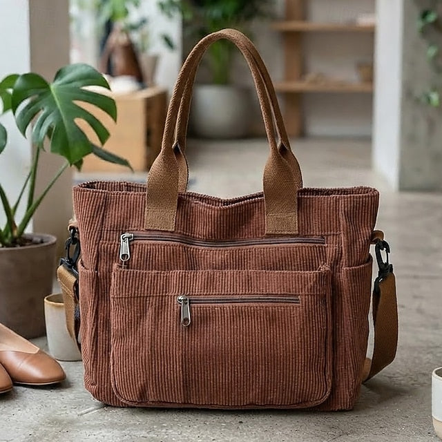 Corduroy Multi-Pocket Crossbody Bag - Roomy and Adjustable