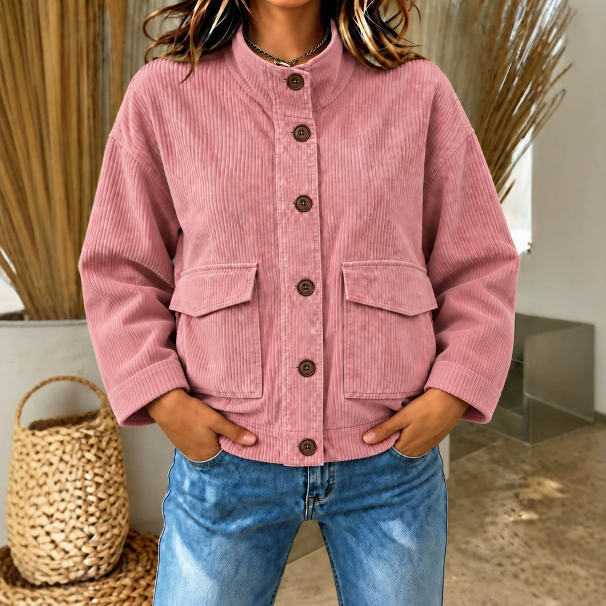 Pocket Corduroy Button-Up Top - Casual and Practical