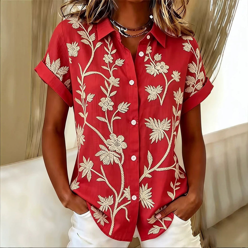 Women's Floral Short Sleeve Blouse - Leaf Print Relaxed Summer Top