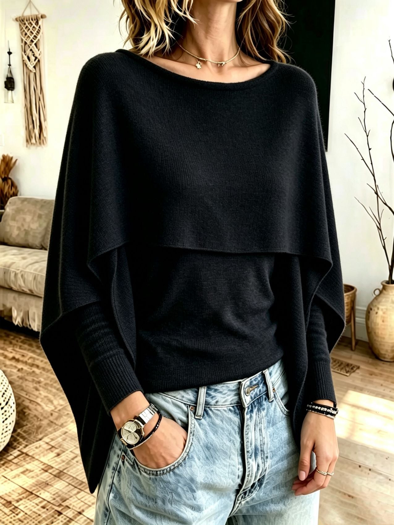 Women's Layered-Look Shawl Knit Sweater - Cozy Statement Top