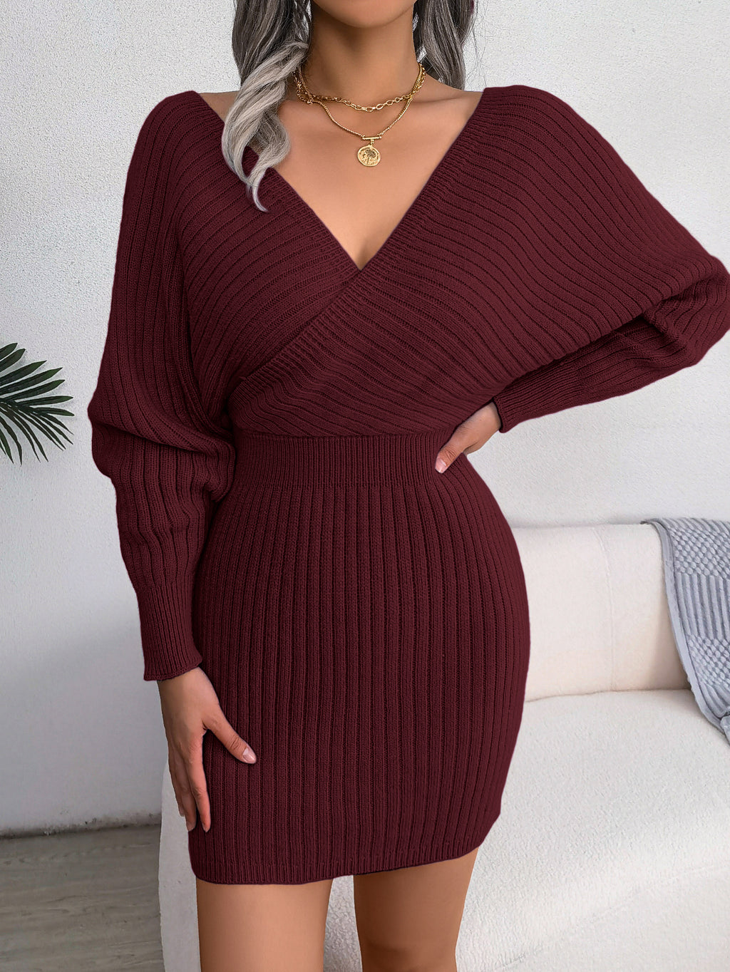 Women's Mini Sweater Dress - Cross V-Neck Batwing Sleeve Bodycon Knit