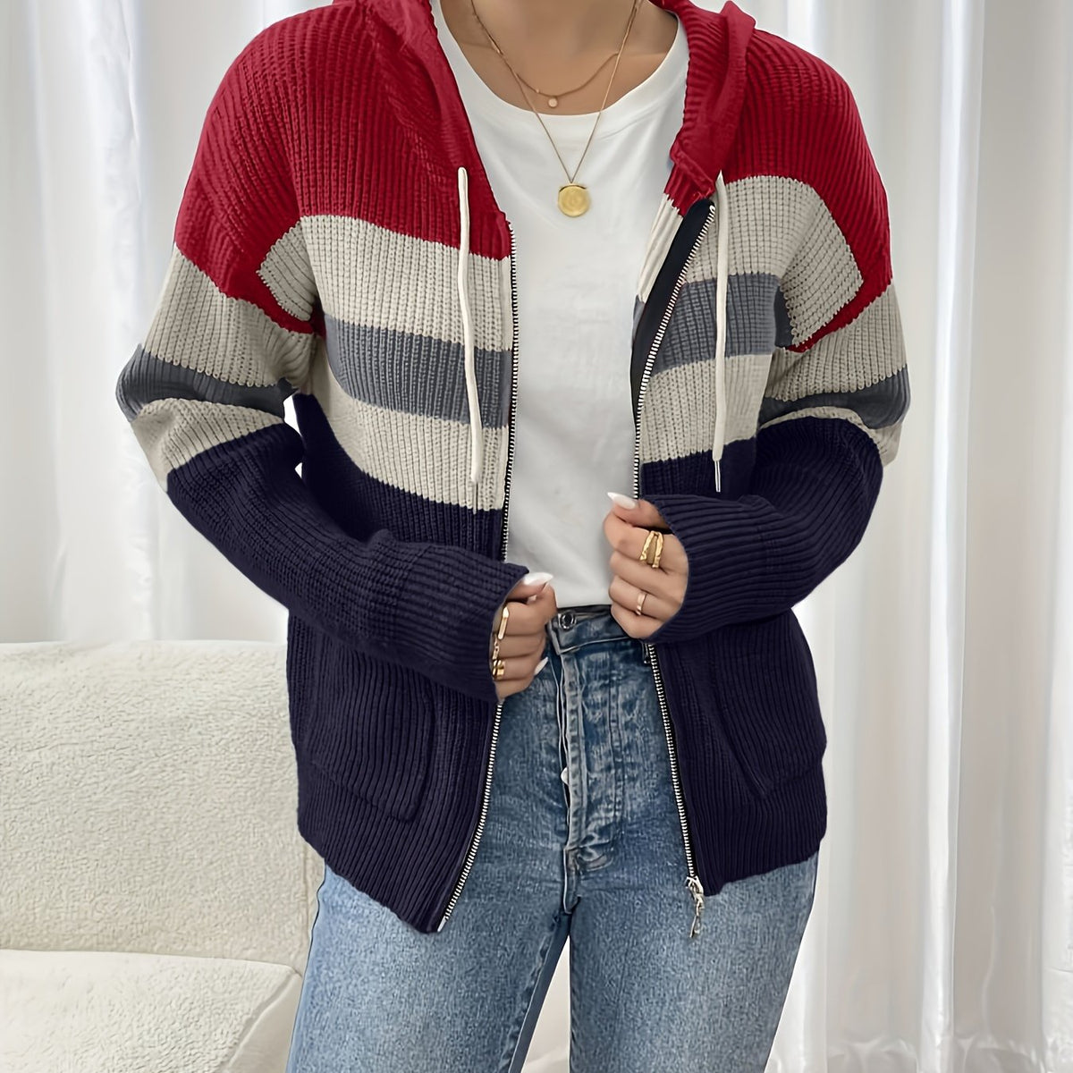 Women’s Color Block Hooded Zip Cardigan – Cozy Casual Layer