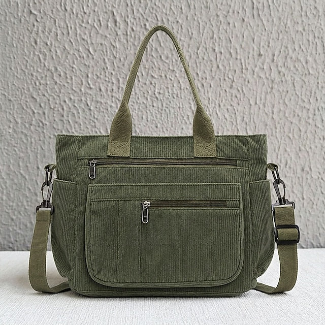 Corduroy Multi-Pocket Crossbody Bag - Roomy and Adjustable
