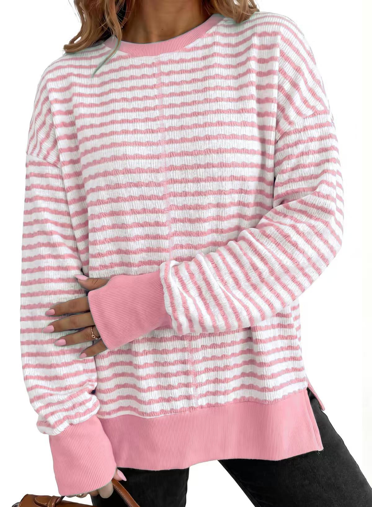 Side-Slit Striped Pullover Top - Casual and Relaxed