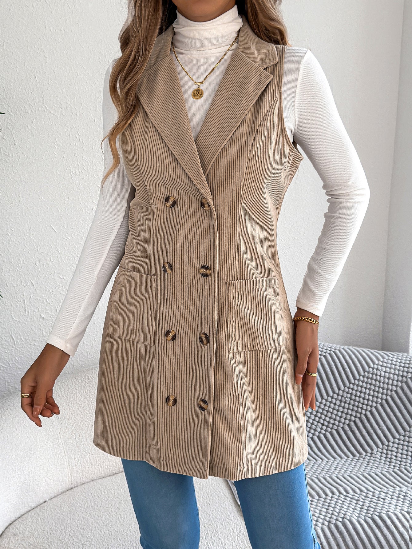 Women’s Solid Color Corduroy Long Vest Jacket – Double-Breasted Pocket Casual Layering Style