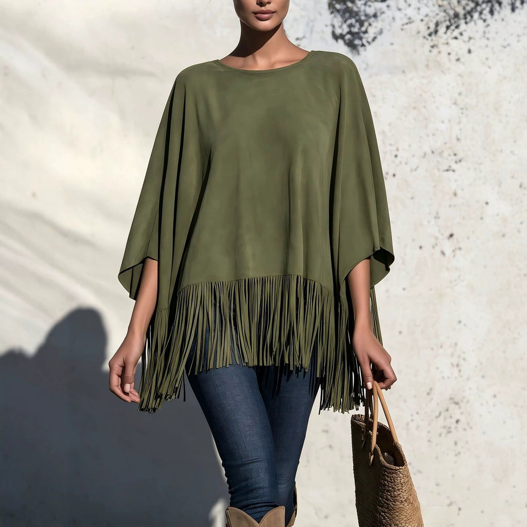 Women’s Loose Fringe Blouse – Relaxed Round Neck Top