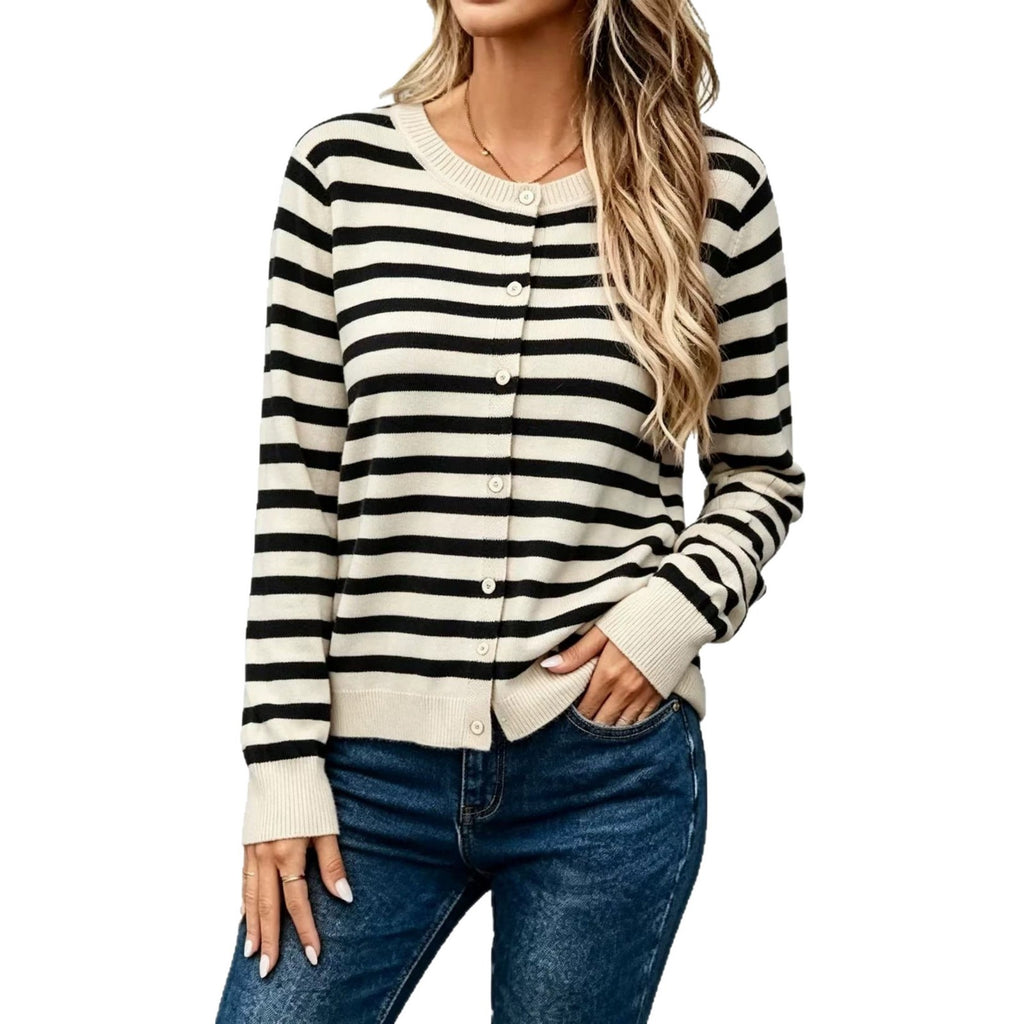 Women’s Long Sleeve Striped Knit Cardigan – Loose-Fit Cozy Casual Style