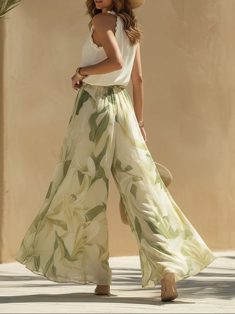Women's Floral Wide Leg Two Piece Set – Elegant Matching Outfit