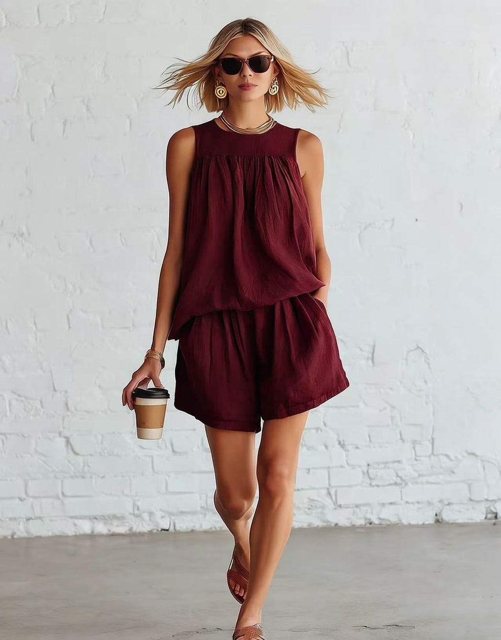 Women's Sleeveless Pleated Top and Wide-Leg Shorts Set – Effortless Summer Co-Ord Style