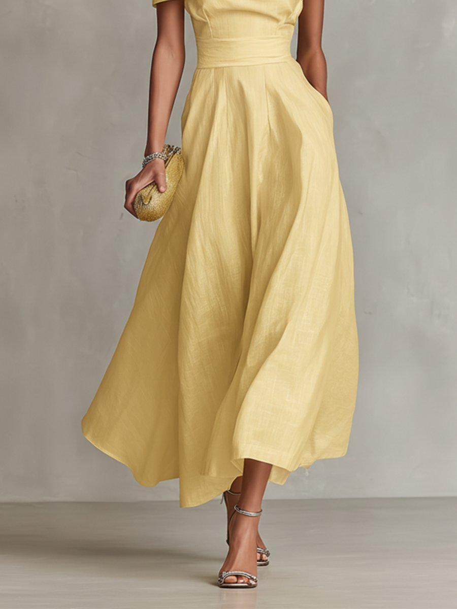 Women's One-Shoulder Maxi Linen Dress - Fitted Waist Elegant Occasion Style