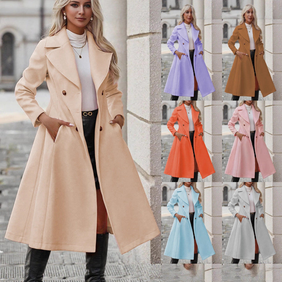 Women's Long Trench Coat - Double-Breasted Casual Outerwear