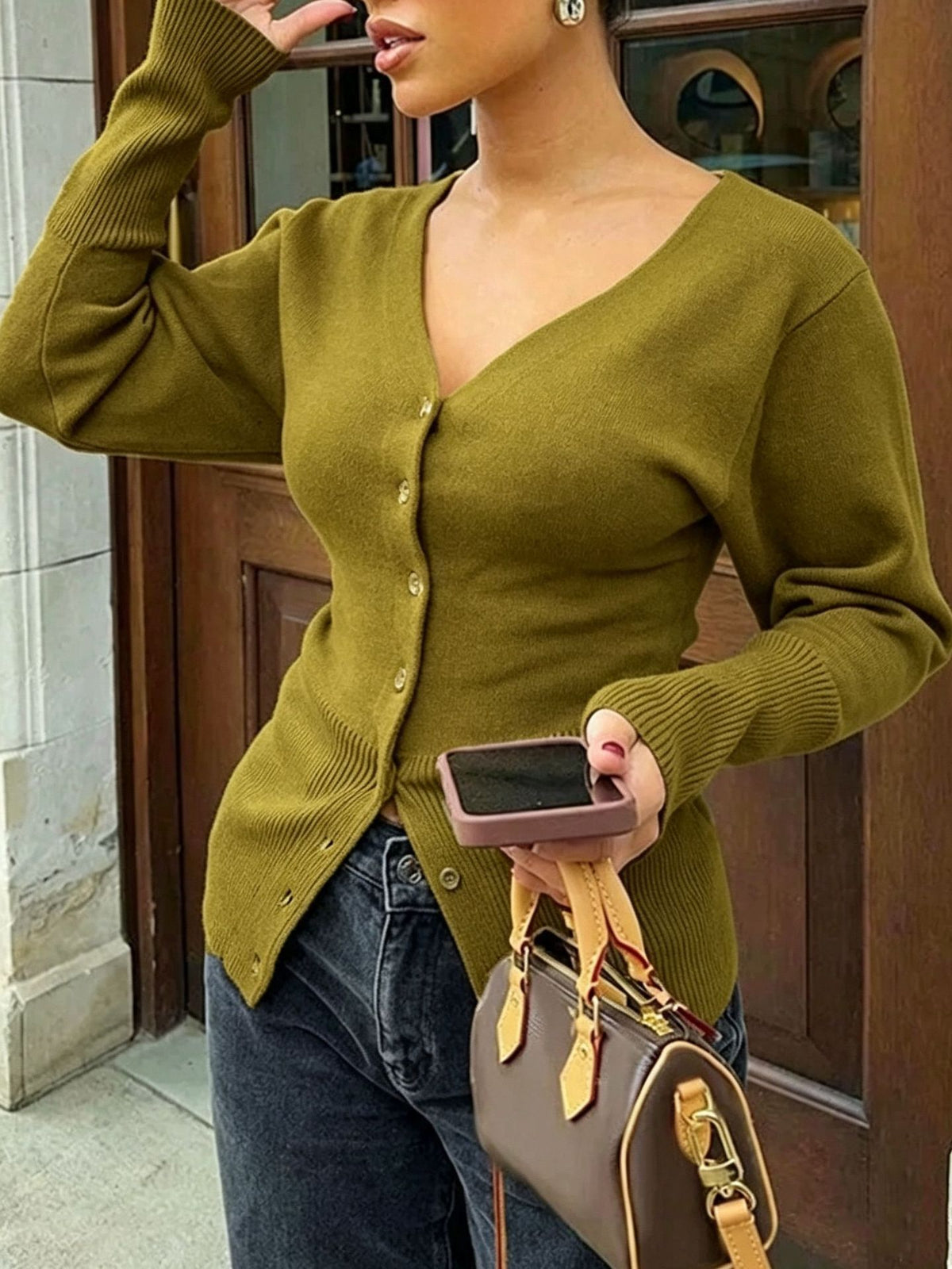 Slim-Fit V-Neck Knit Top - Soft and Shaped