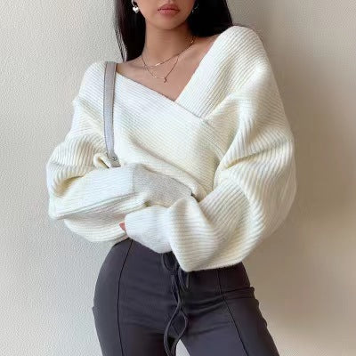 Cross V-Neck Off-Shoulder Knit Pullover - Soft and Feminine