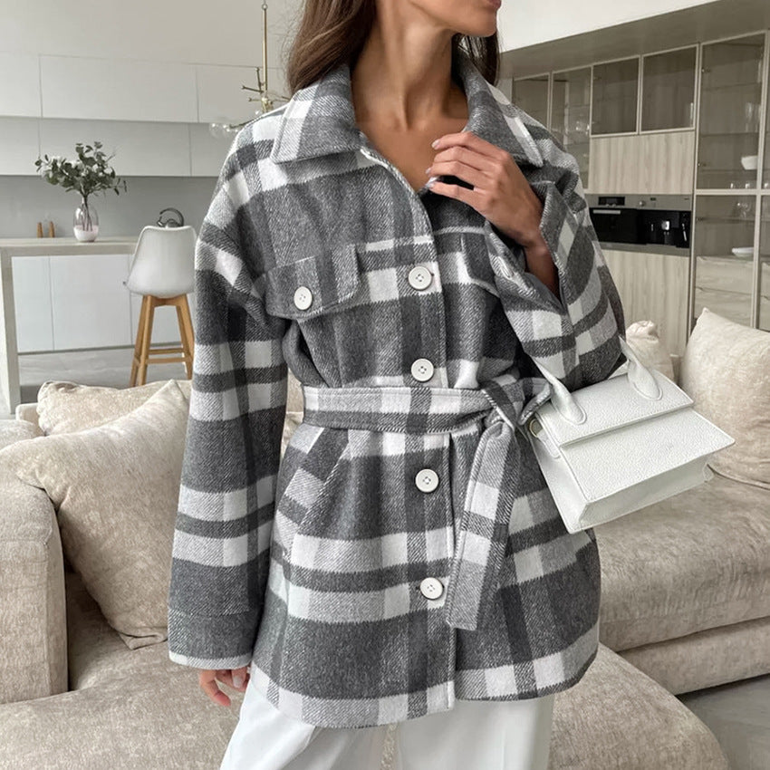 Women's Plaid Tie Front Jacket - Cozy Casual Statement Layer