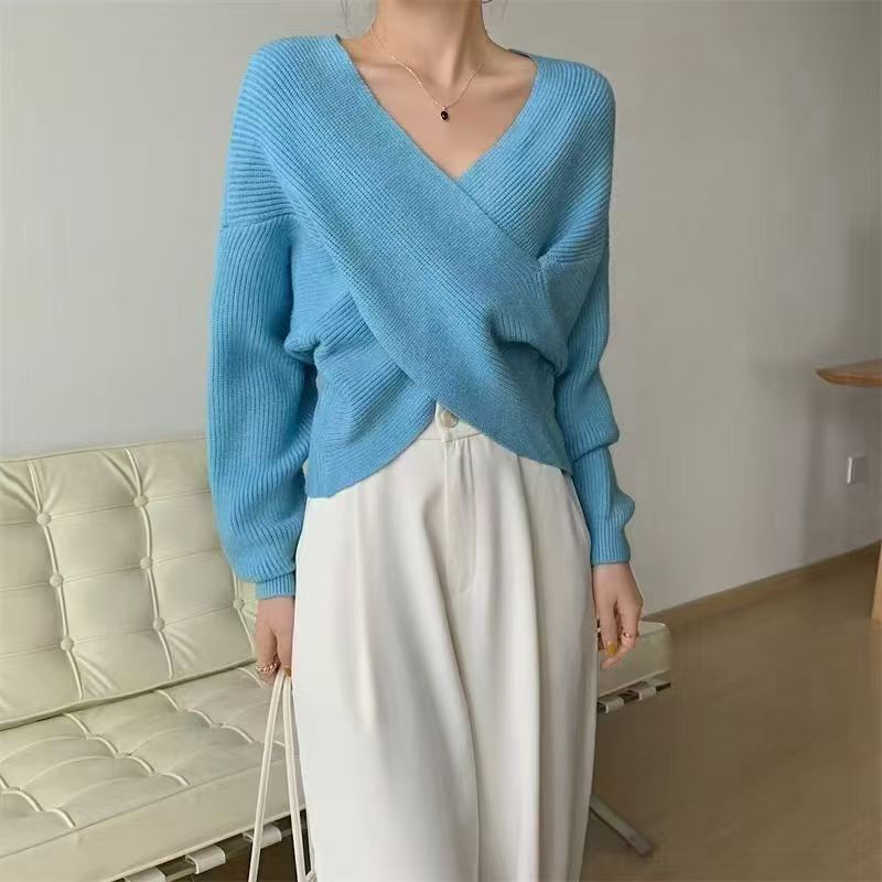Cross V-Neck Off-Shoulder Knit Pullover - Soft and Feminine