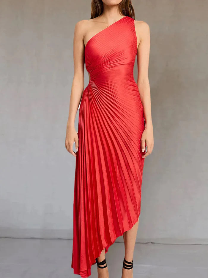 Women's One Shoulder Pleated Maxi Dress - Elegant Occasion Dress