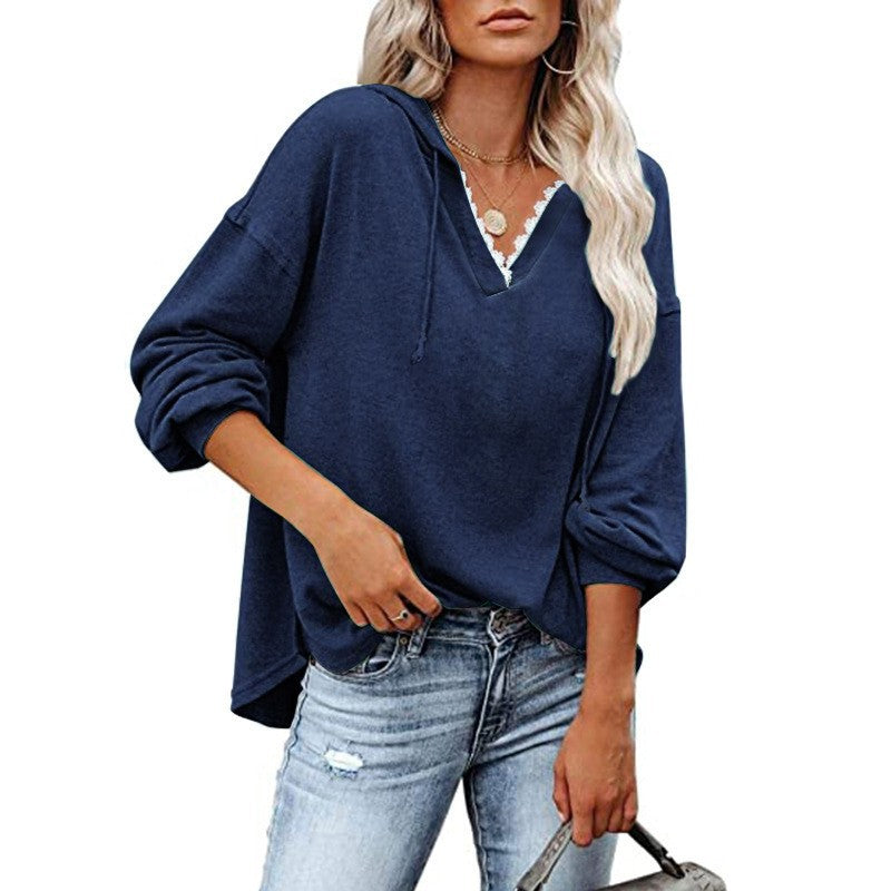 Women's Hooded Lace Sweatshirt - V-Neck Long Sleeve Casual Pullover