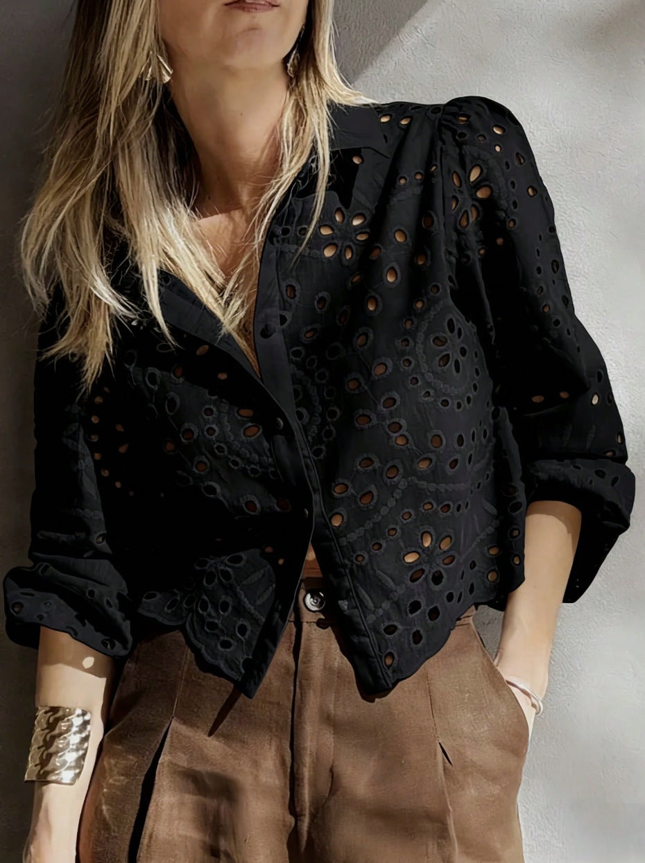 Women's Embroidered Short Shirt - Relaxed Hollow-Out Casual Blouse