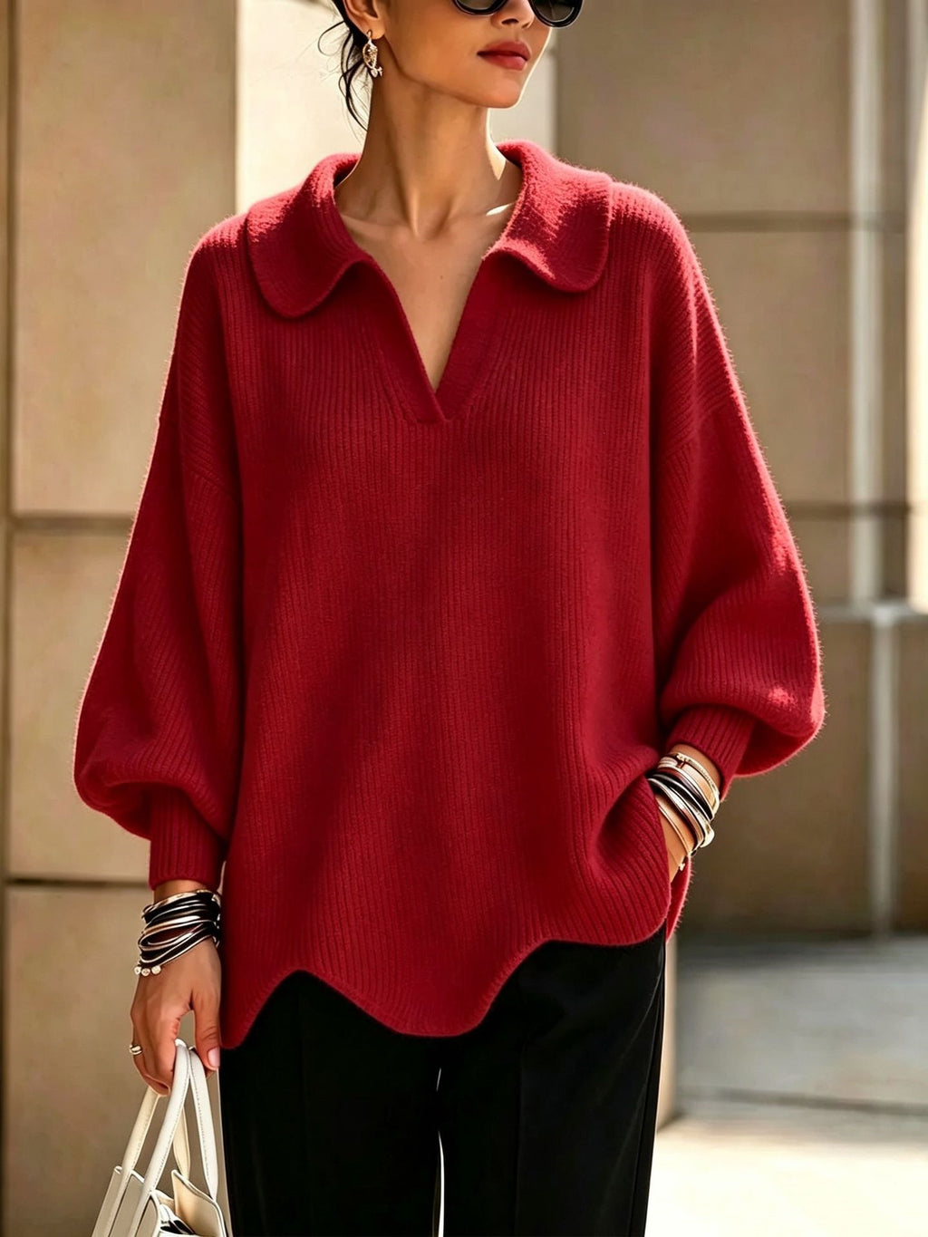 Women’s V-Neck Lantern Sleeve Sweater – Relaxed Feminine Knit