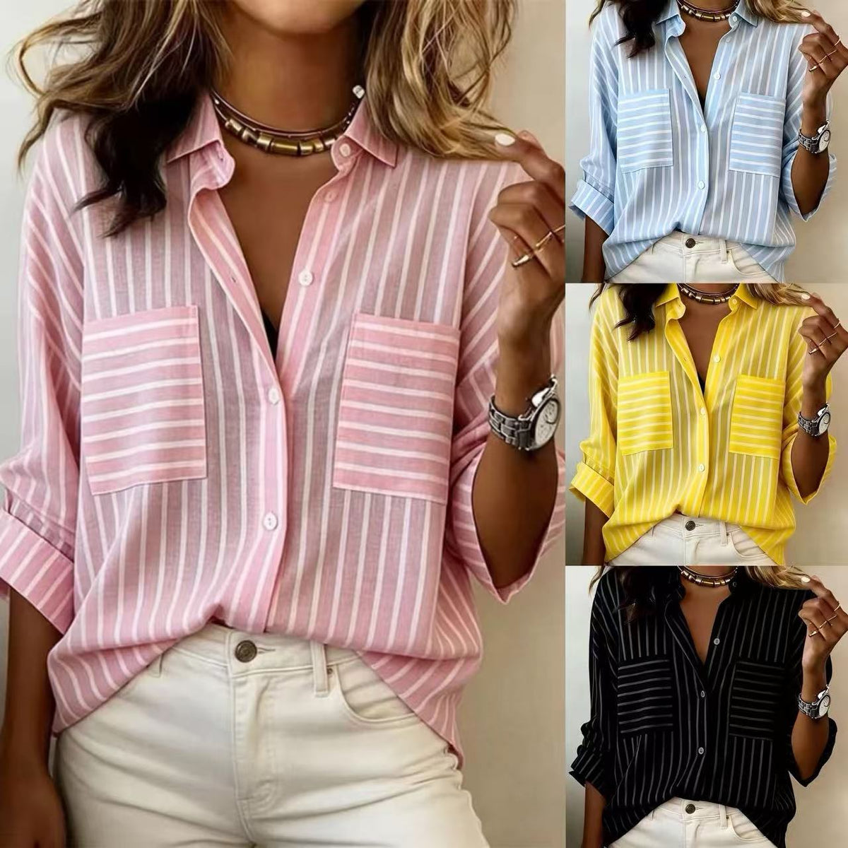 Women’s Striped Long Sleeve Shirt – Classic Single-Breasted Casual Style