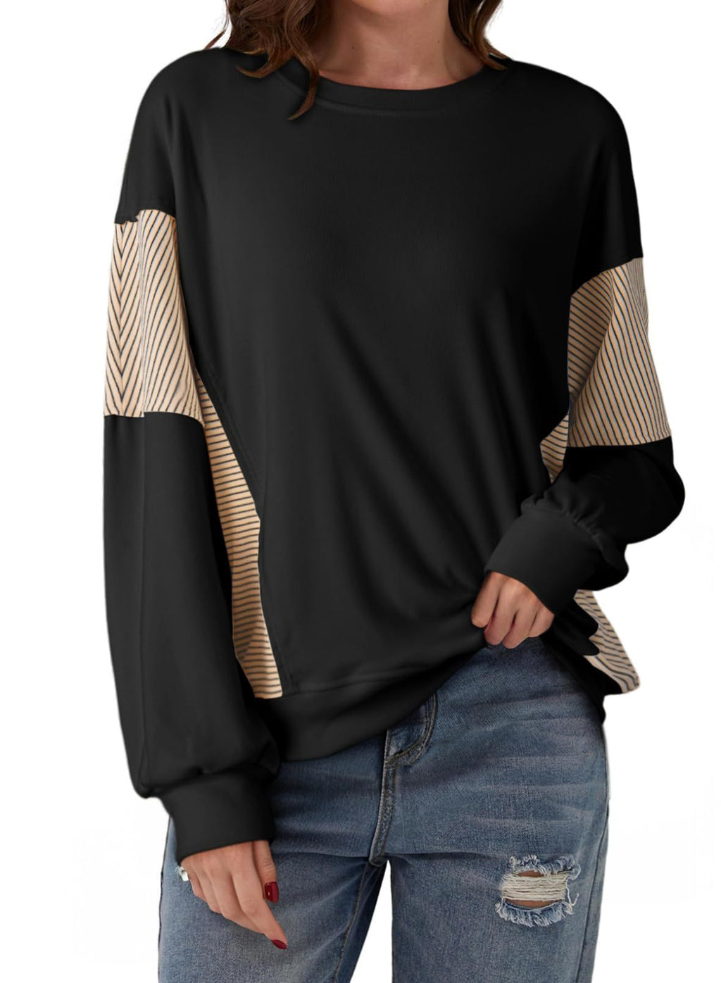Women’s Color-Blocked Striped Sweatshirt – Casual Crew-Neck Long-Sleeve Sweater