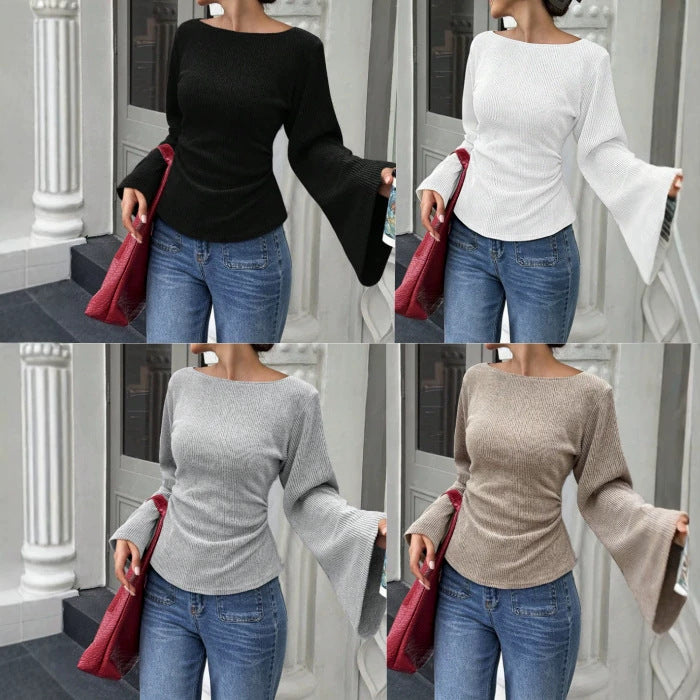 Ribbed Flared-Sleeve Top - Fitted and Elegant