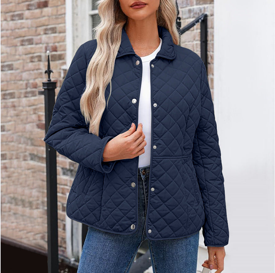 Women’s Solid Color Quilted Jacket – Casual Lapel Warm Outerwear Style