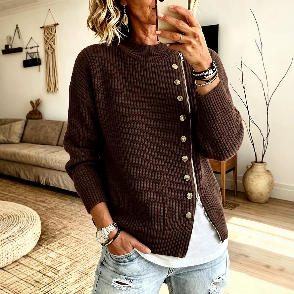 Women’s Asymmetrical Zip Ribbed Sweater – Modern Casual Knit