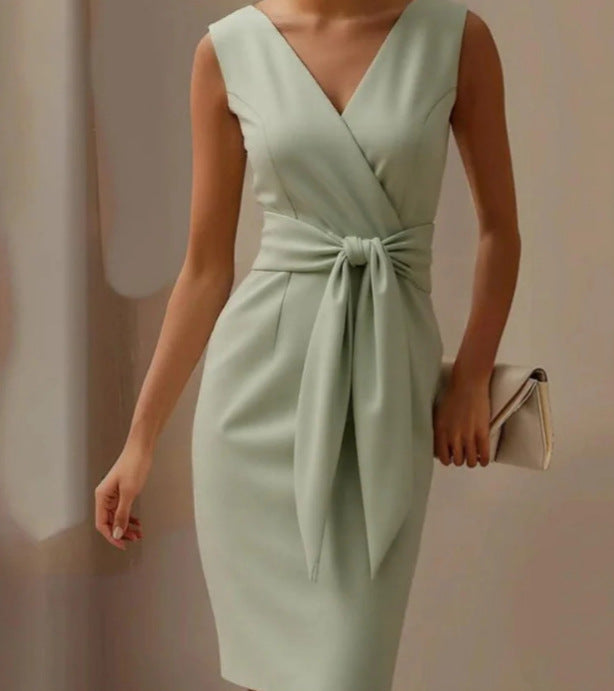 Women’s Solid-Color Bowknot Dress – Elegant Slim Sleeveless Casual & Office Party Outfit