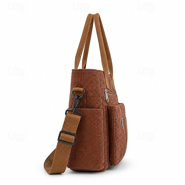 Corduroy Multi-Pocket Crossbody Bag - Roomy and Adjustable