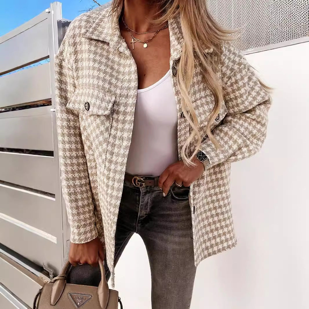 Women's Houndstooth Coat - Soft Plaid Statement Everyday Outerwear
