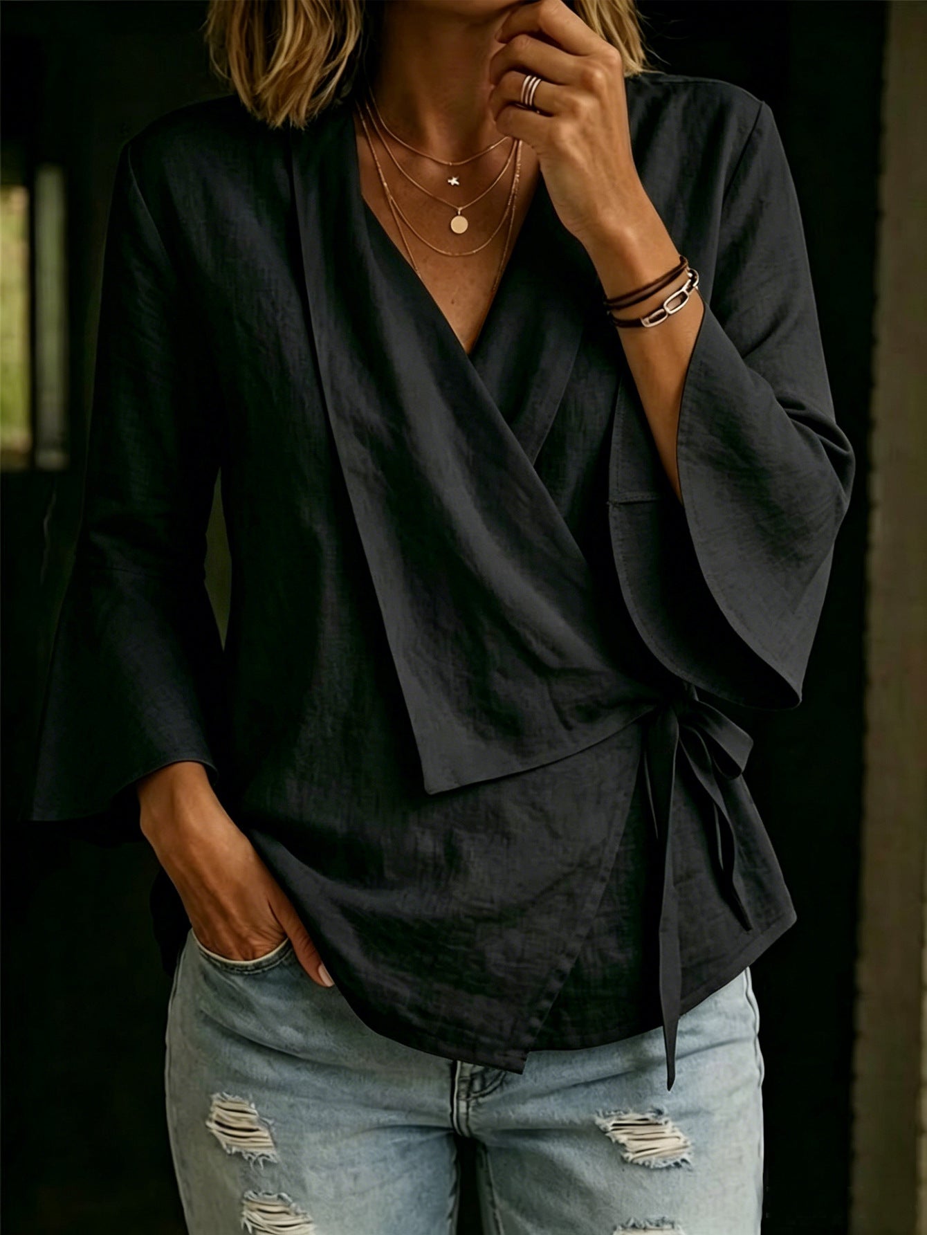 Women's Asymmetrical Tie Blouse - Flared Sleeve Notch Lapel Top