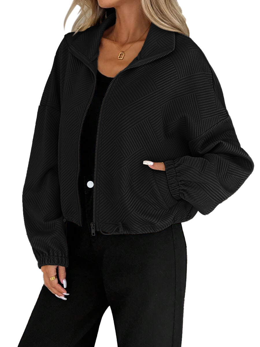 Women’s High-Collar Zipper Jacket – Loose-Fit Drawstring Hem Casual Autumn Winter Style