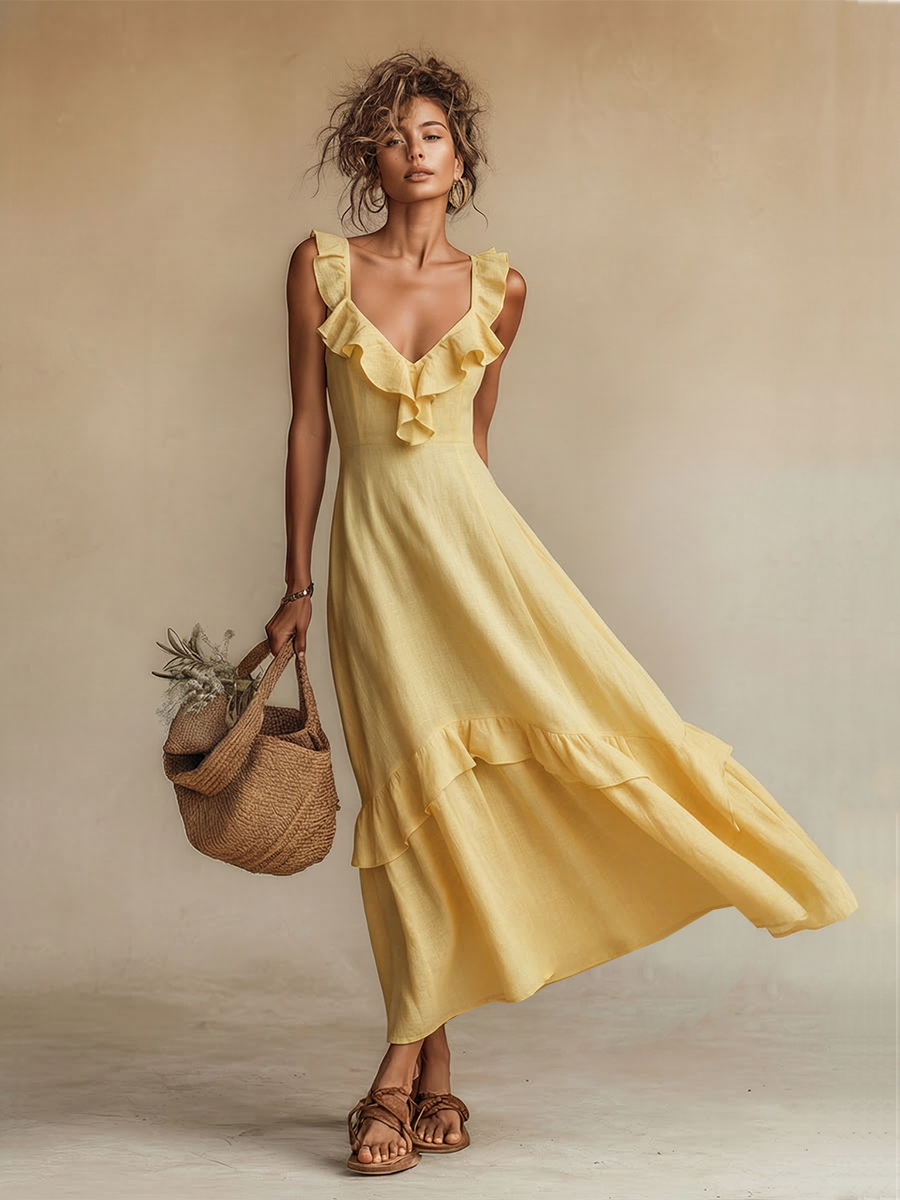 Women's Yellow Linen Maxi Dress - Ruffle V-Neck Boho Resort Style