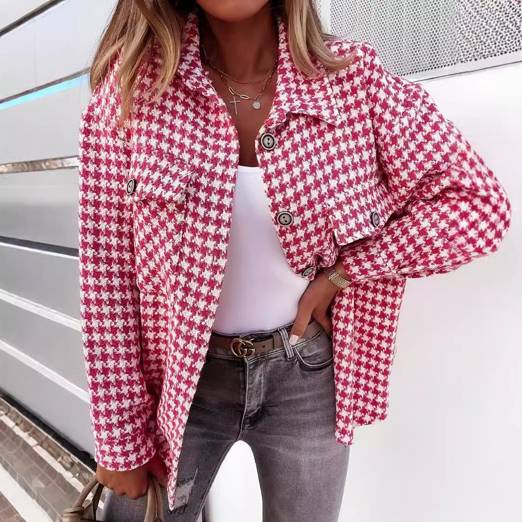 Women's Houndstooth Coat - Soft Plaid Statement Everyday Outerwear