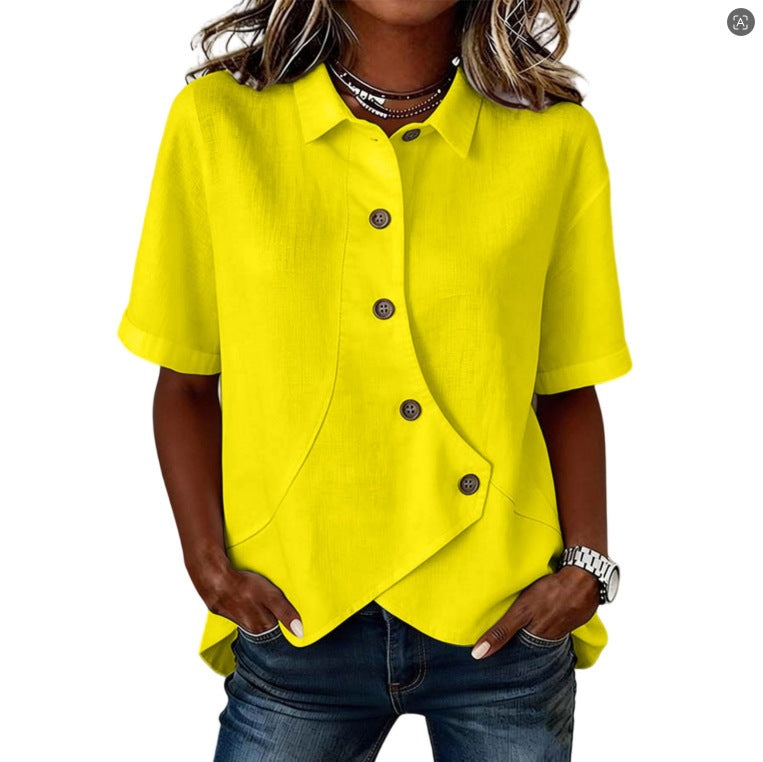 Women's Irregular-Button Blouse – Relaxed Short-Sleeve Everyday Top