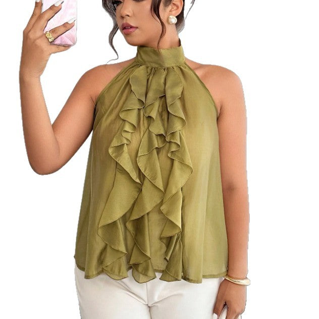 Women's Plus Size Ruffle Halter Top - Flowy Sleeveless Statement Blouse