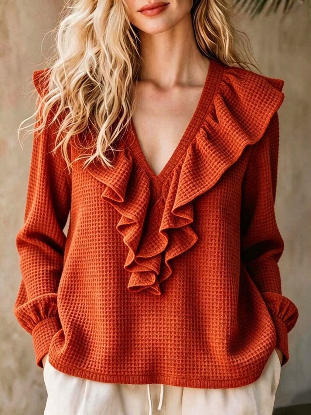Waffle-Knit V-Neck Top - Soft and Feminine