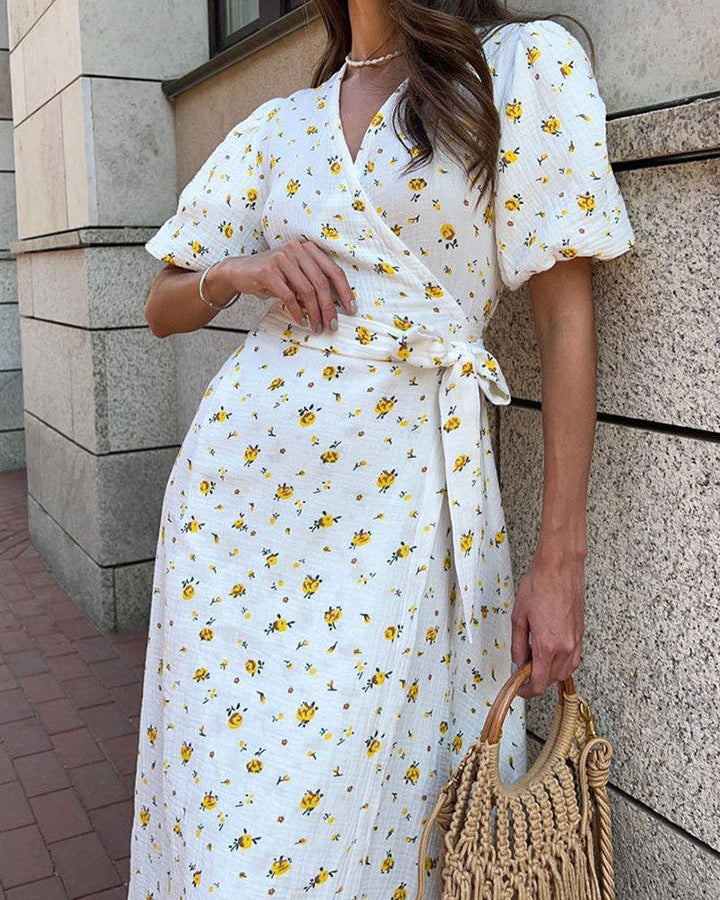 Women's Floral Tie-Front Maxi Dress – Elegant V-Neck Summer Dress