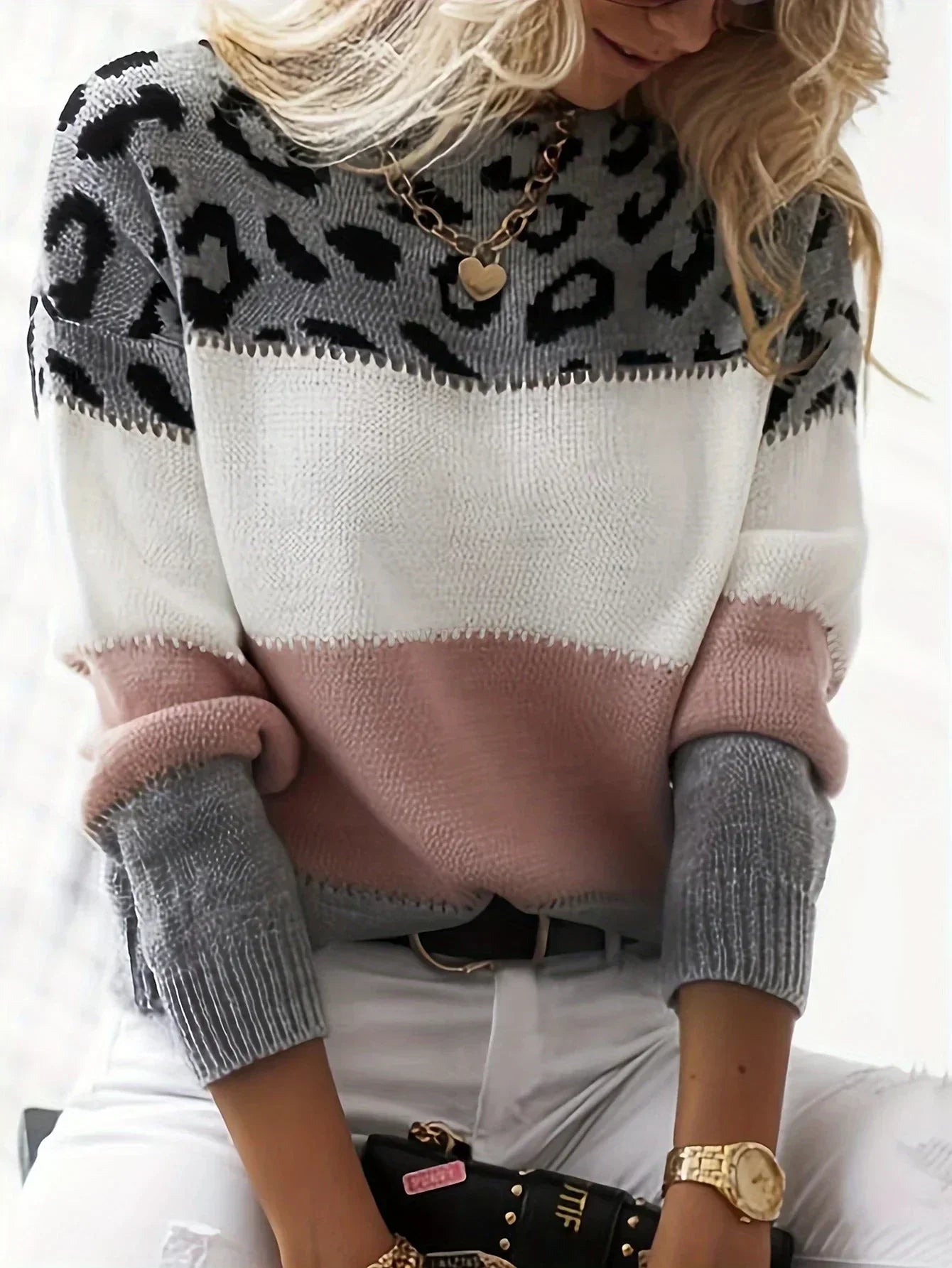 Women’s Color Block Crew Neck Sweater – Casual Long-Sleeve Knitwear